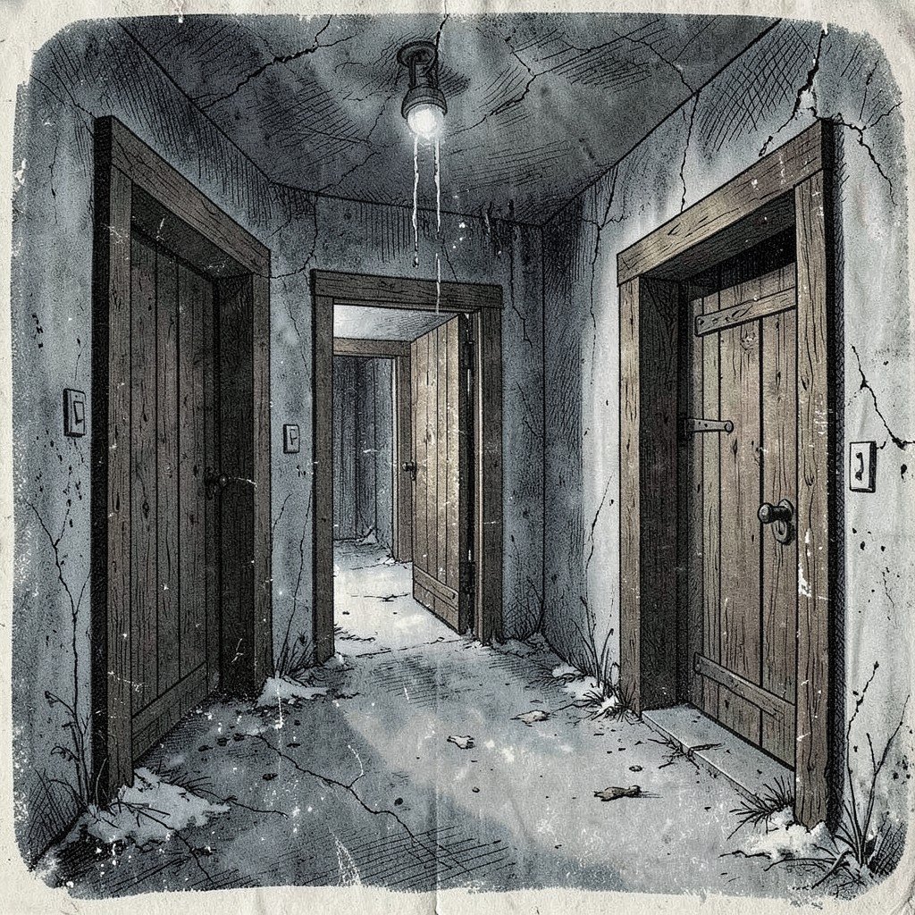 Solitary confinement cells and wooden doors in Solovetsky prison camp, cold and sad atmosphere, historic illustration style, textured background, no text, aspect ratio 1:1