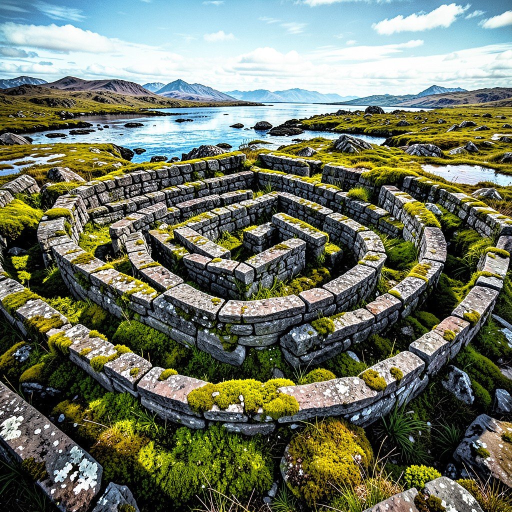 Prehistoric stone labyrinths on Solovetsky Island, overgrown with moss, northern nature, illustration style, high contrast, no text, aspect ratio 4:3