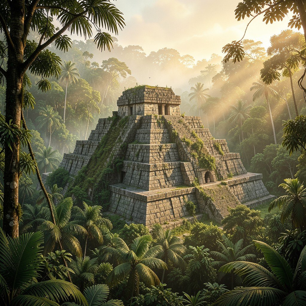 Ancient Pre-Hispanic City of El Tajin pyramid emerging from lush dense tropical rainforest in Mexico, atmospheric mist, warm morning light, cinematic wide shot, highly detailed stonework, historical illustration style, aspect ratio 4:3
