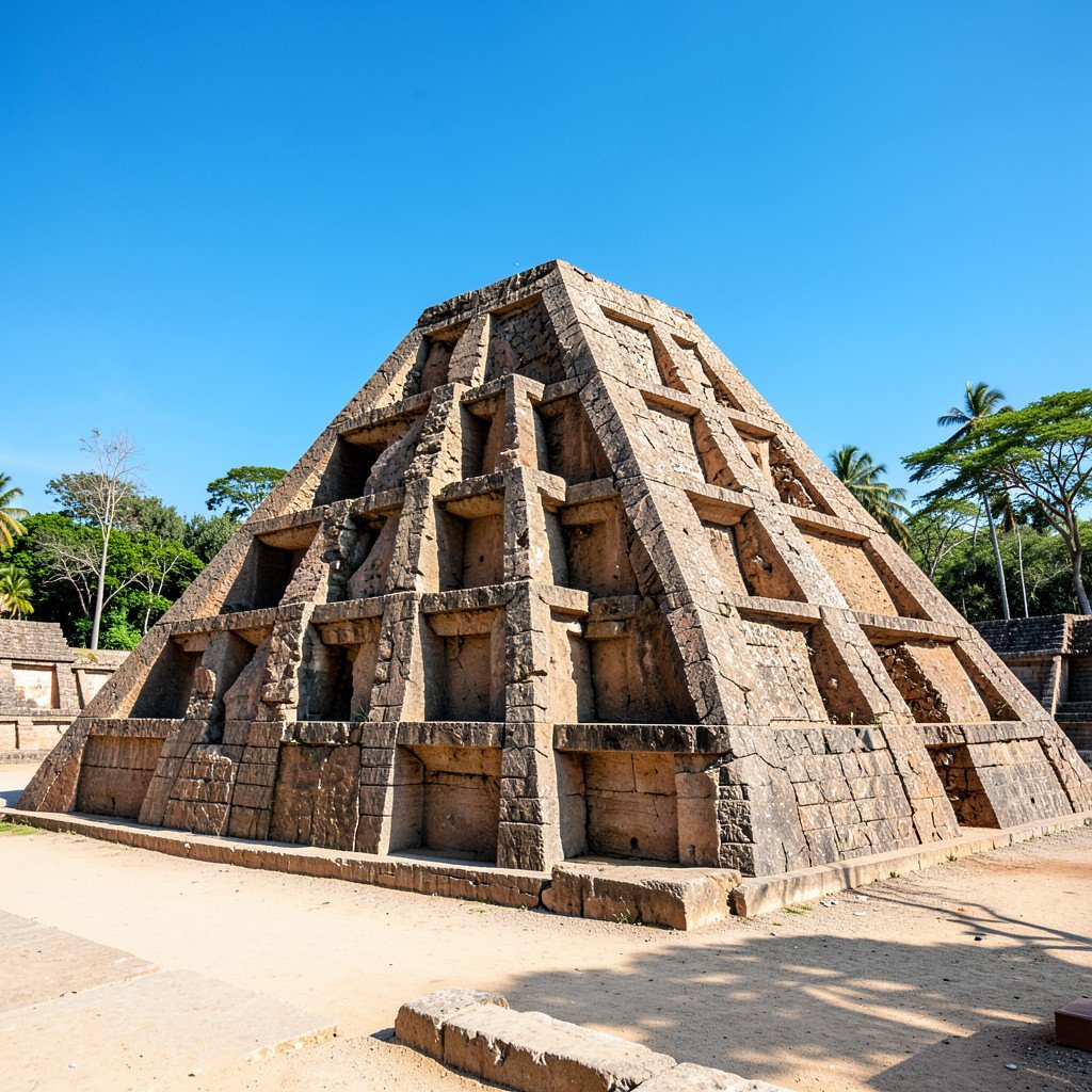 The Pyramid of the Niches at El Tajin Pre-Hispanic City viewed from the north, showcasing the symmetrical geometric niches, clear blue sky, tropical trees in background, architectural photography, aspect ratio 4:3