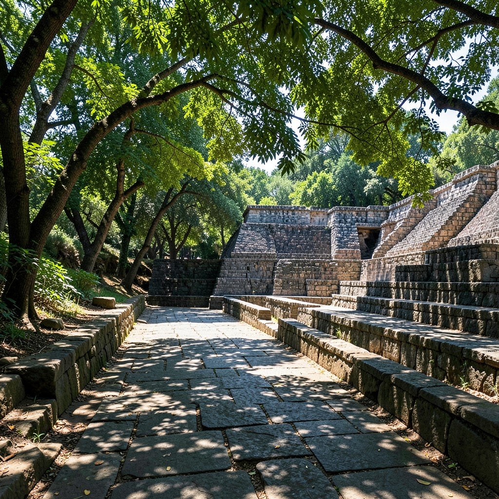 Shaded pathway along the South Ball Court of El Tajin Pre-Hispanic City, lush green trees casting cool shadows on ancient stone paths, dappled sunlight, serene atmosphere, lifestyle photography, aspect ratio 1:1