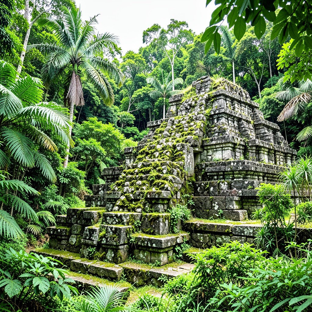 Lush tropical nature surrounding the ancient ruins of El Tajin Pre-Hispanic City, mossy stone walls blending with vibrant green jungle foliage, bright balanced lighting, natural setting, aspect ratio 4:3