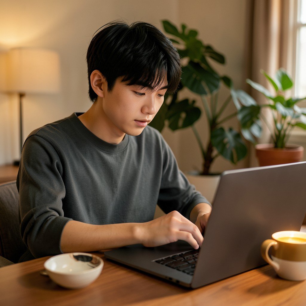 A young Korean student deeply focused on exploring career paths on a modern laptop, sitting at a desk with a warm cup of coffee, cozy room setting with plants in the background, lifestyle photography, warm lighting, 1:1