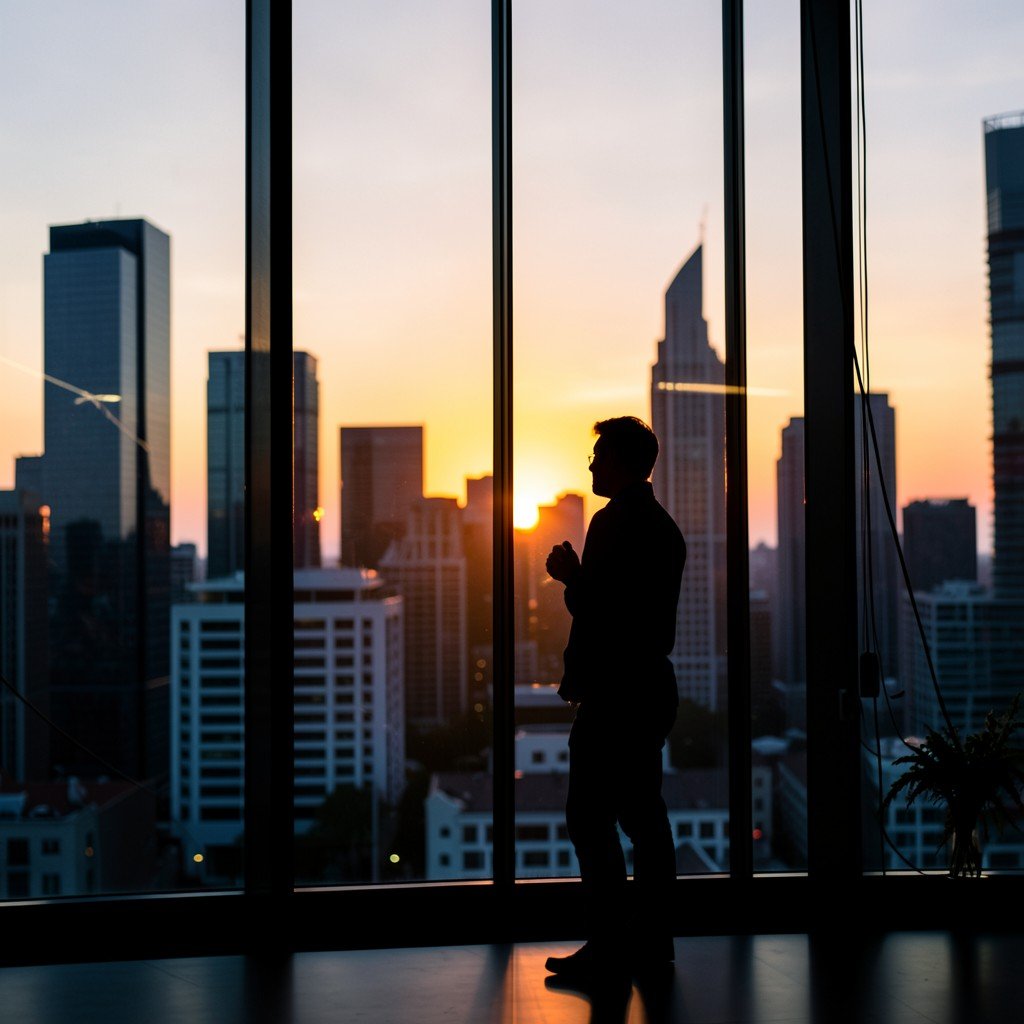 Silhouette of a person standing in front of a large glass window facing a modern city skyline at sunset, contemplating future career choices, cinematic lighting, review photography, 4:3