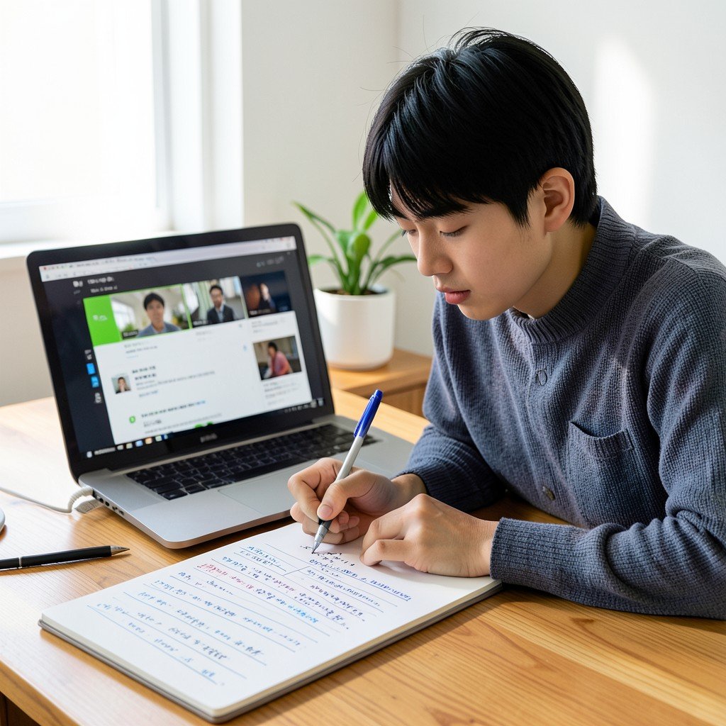 A determined Korean student writing down future plans and strategies in a notebook, with a laptop showing online course materials beside them, bright balanced lighting, wooden desk setup, lifestyle photography, 1:1