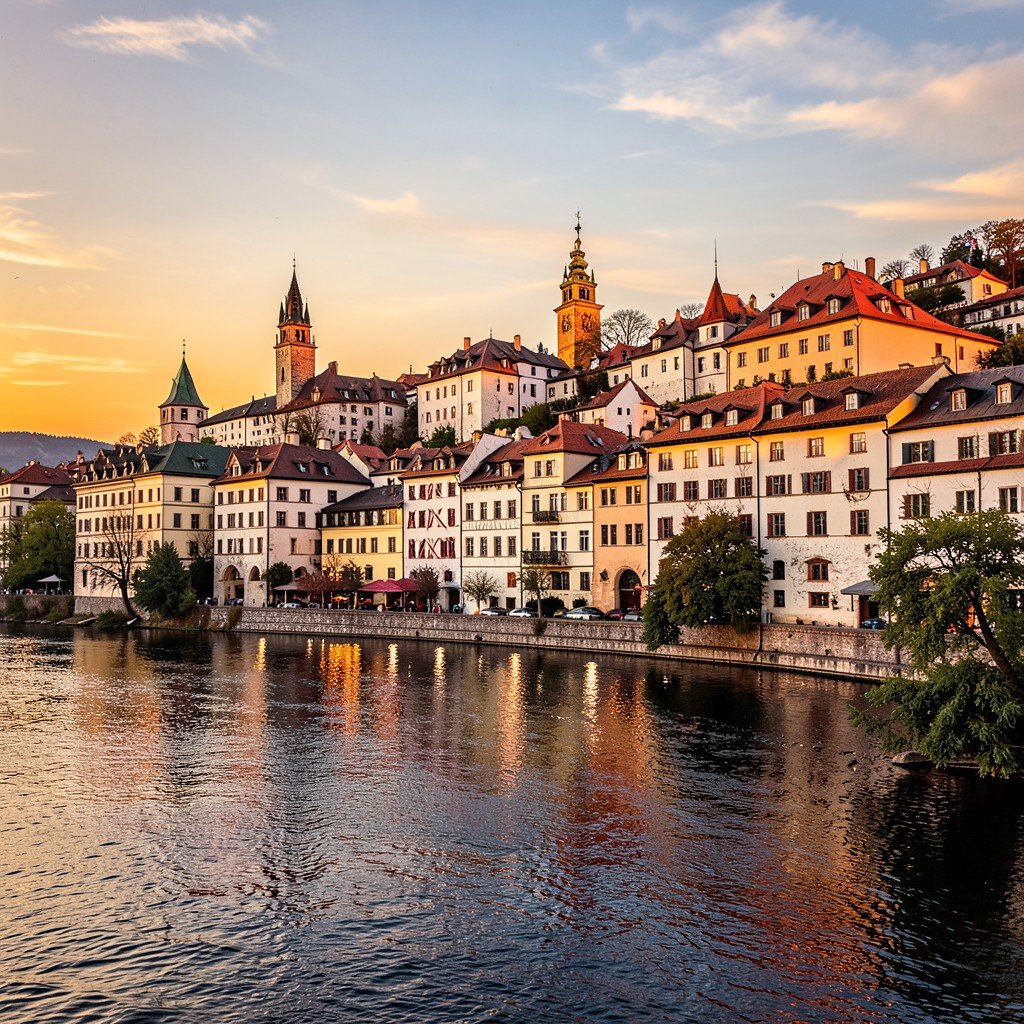 Scenic view of Cesky Krumlov historic center from the riverbank with castle tower in the background no text, warm sunset light, textured background, highly detailed, aspect ratio 4:3