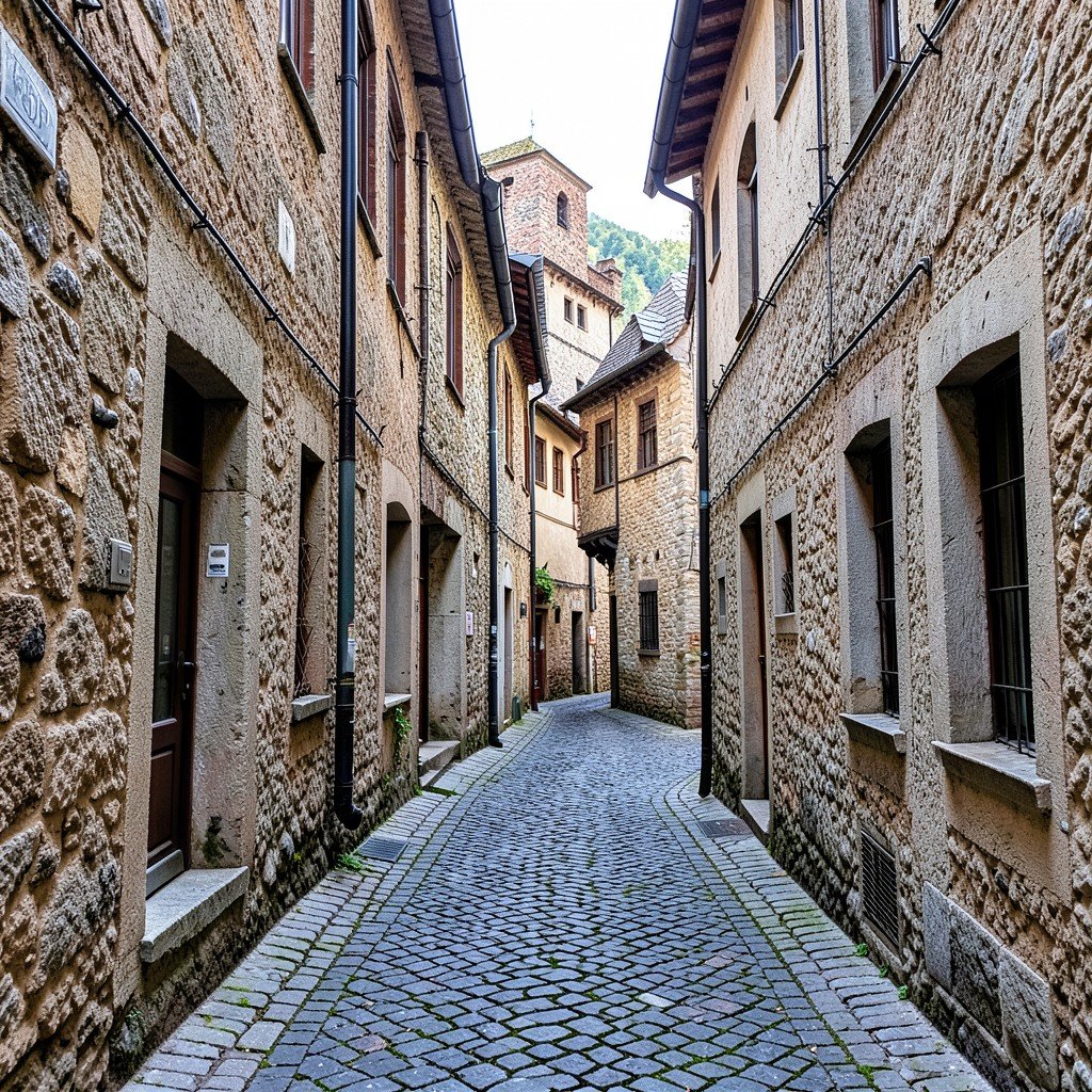 Narrow cobblestone alley in Cesky Krumlov with historic medieval houses no text, natural daylight, textured background, no people, highly detailed, aspect ratio 1:1