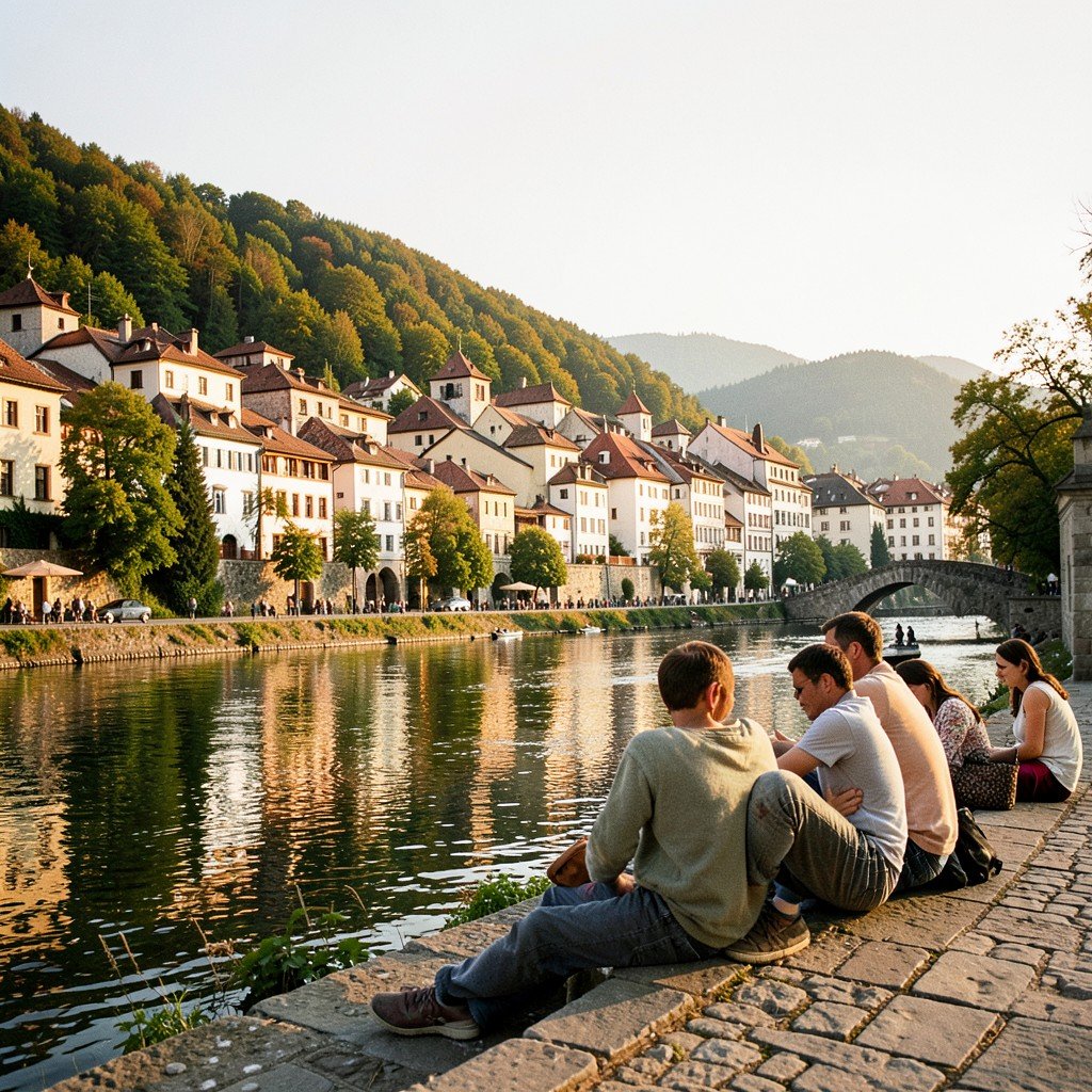 People resting by the river in Cesky Krumlov historic town no text, warm lighting, natural setting, candid lifestyle photography, aspect ratio 4:3
