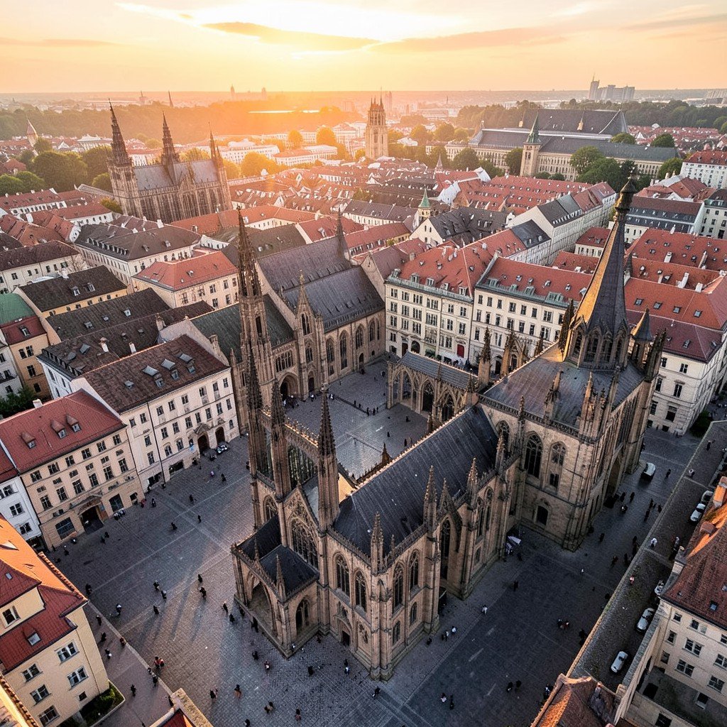Aerial view of Prague Old Town Square with historic gothic architecture, warm sunset lighting, no text, aspect ratio 1:1