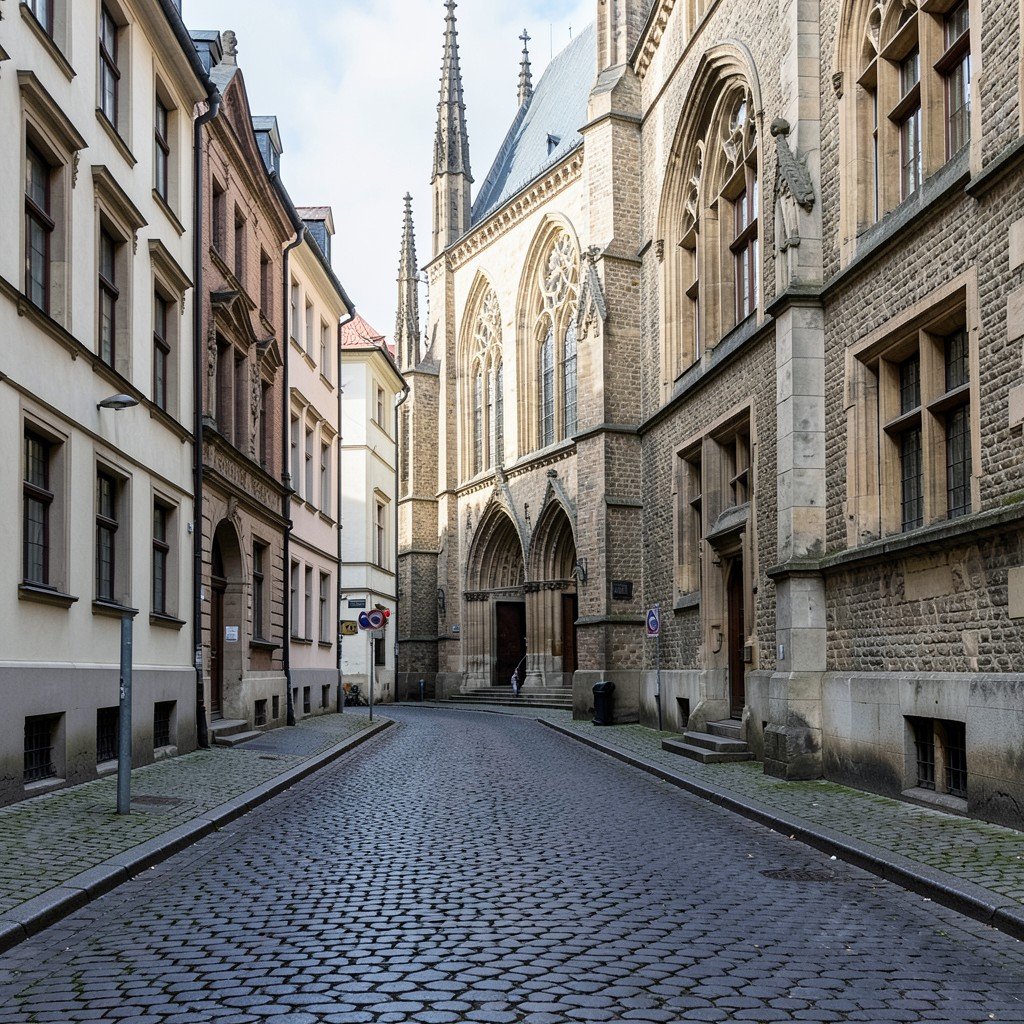 Cobblestone street in Prague with historic gothic buildings, natural daylight, no people, no text, aspect ratio 4:3