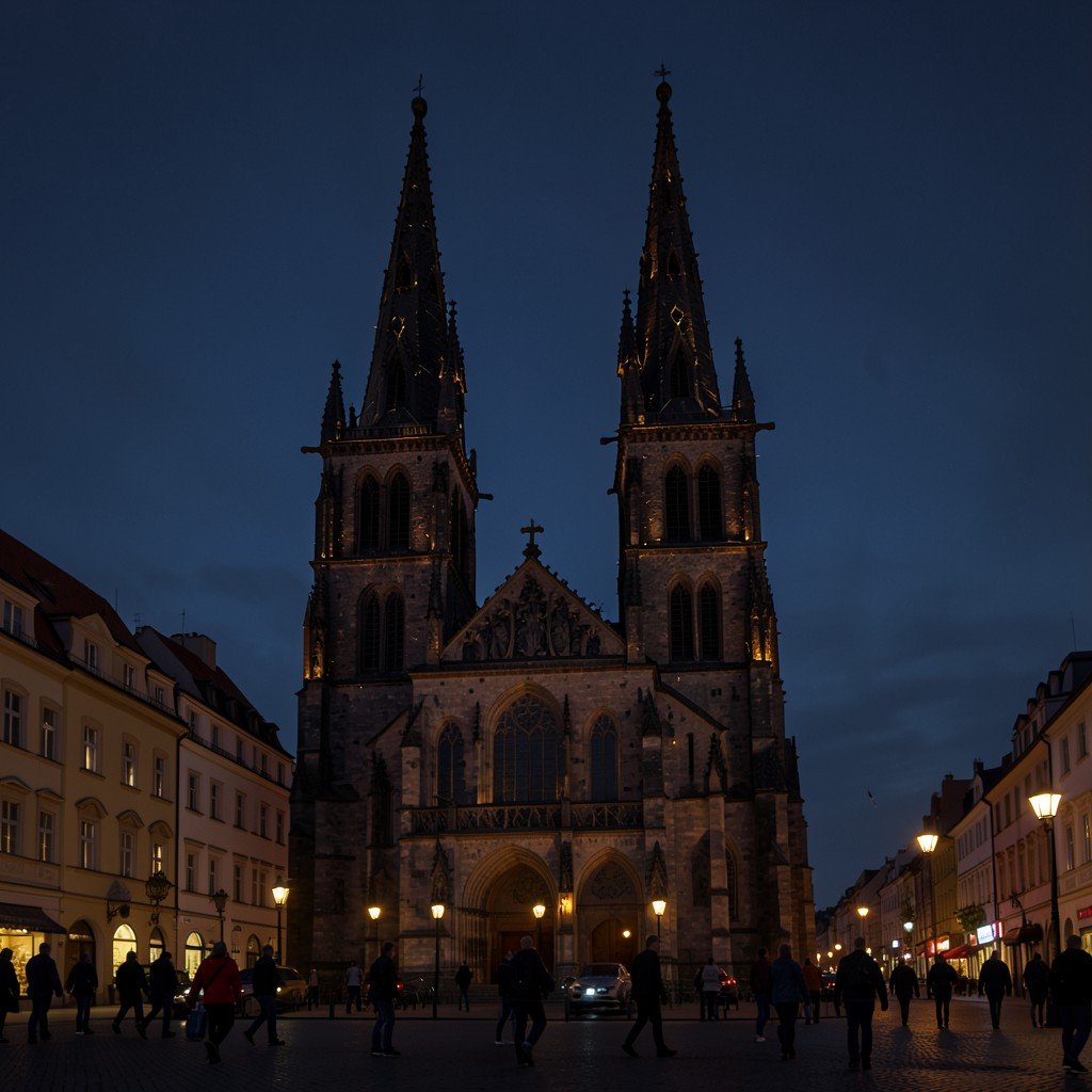 Tyn Church twin gothic spires at dusk in Prague Old Town Square, dark sky, no text, aspect ratio 1:1
