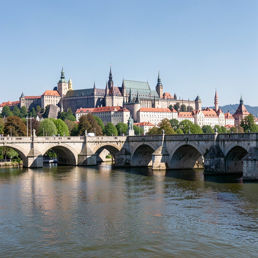 View of Prague Castle from Charles Bridge over Vltava river, daytime, clear sky, no text, aspect ratio 4:3