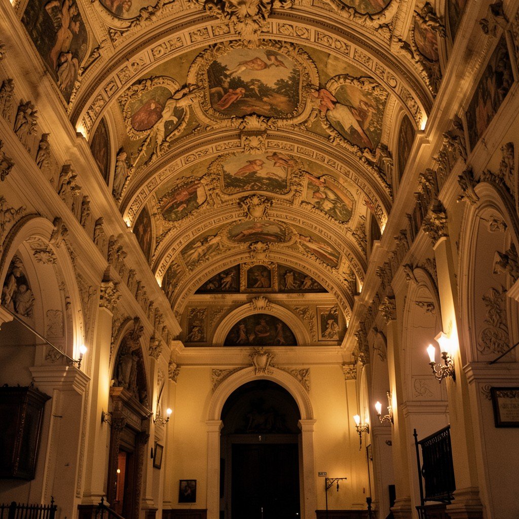 Interior of a historic Prague building with baroque arch ceilings, warm lighting, no people, no text, aspect ratio 1:1