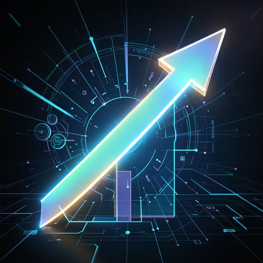 Abstract representation of exponential revenue growth with glowing upward arrow and futuristic elements in modern technology style no Korean text 4:3