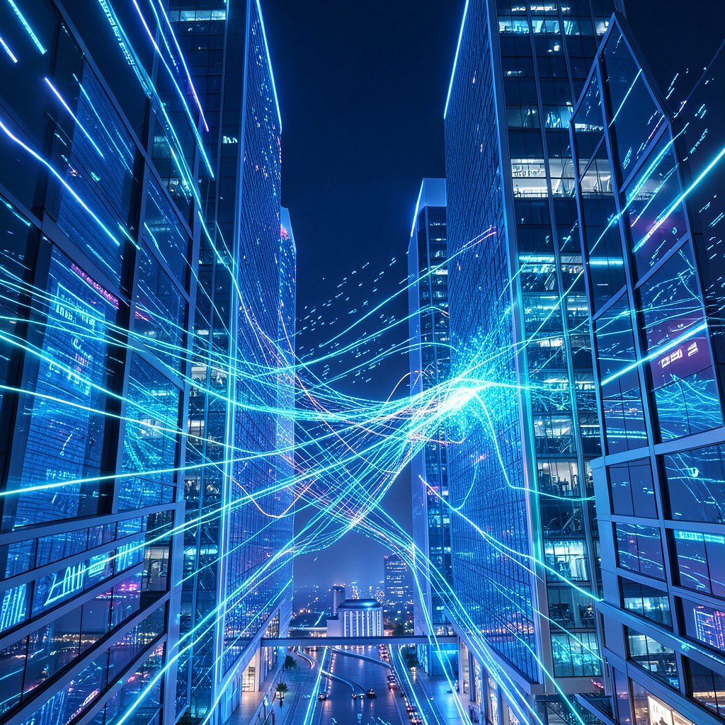 Abstract futuristic corporate buildings facing incoming digital disruption waves with glowing data lines in modern 3d illustration style no Korean text 1:1