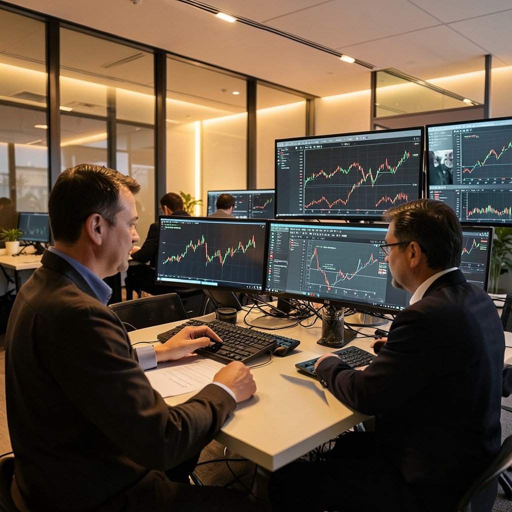 Professional investors analyzing market trends on multiple screens in a modern financial office warm lighting no Korean text 1:1
