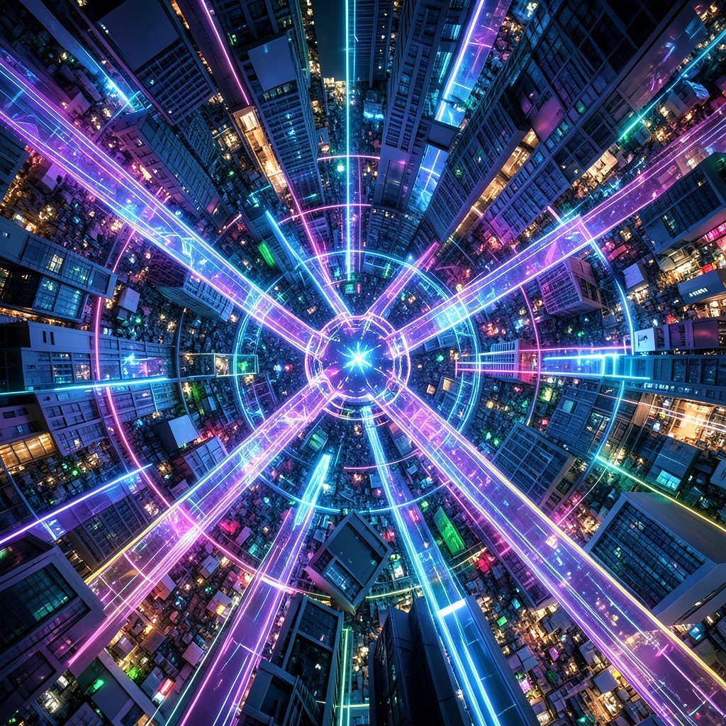 Futuristic abstract concept of a massive market paradigm shift with glowing pathways and crossroads in modern 3d art style no Korean text 4:3