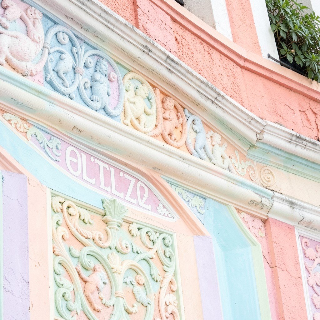 Close up of Telcz Renaissance building facade with sgraffito decoration and pastel colors on a textured background, no text, 1:1