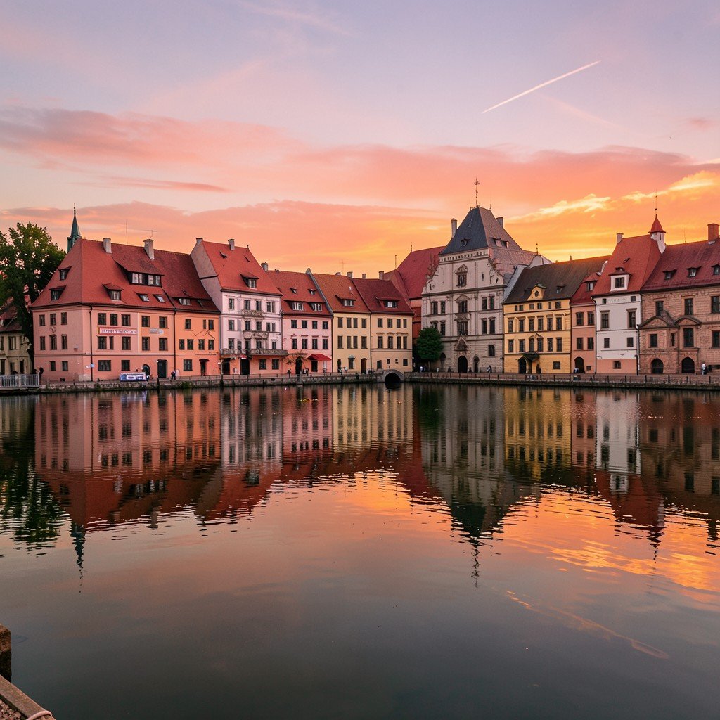 Telcz old town reflecting on the artificial lake at sunset with red roofs and historic buildings, no text, 4:3