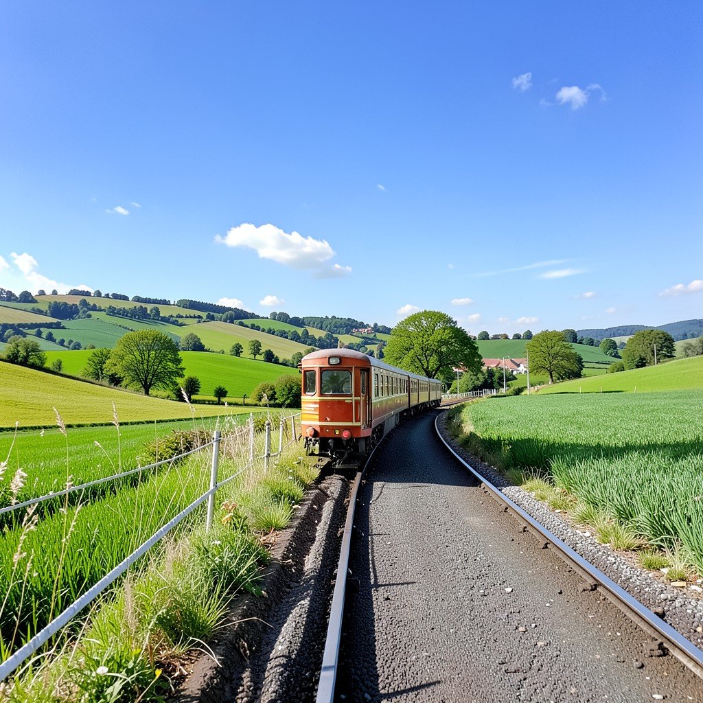 Scenic train ride through Moravian countryside heading to Telcz with green fields and blue sky, no text, 4:3