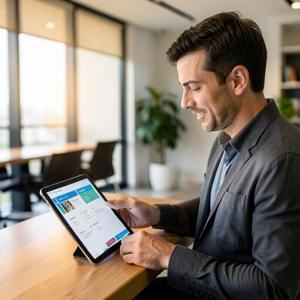 Businessman analyzing multiple software options on a tablet computer modern office warm lighting professional setting 4:3