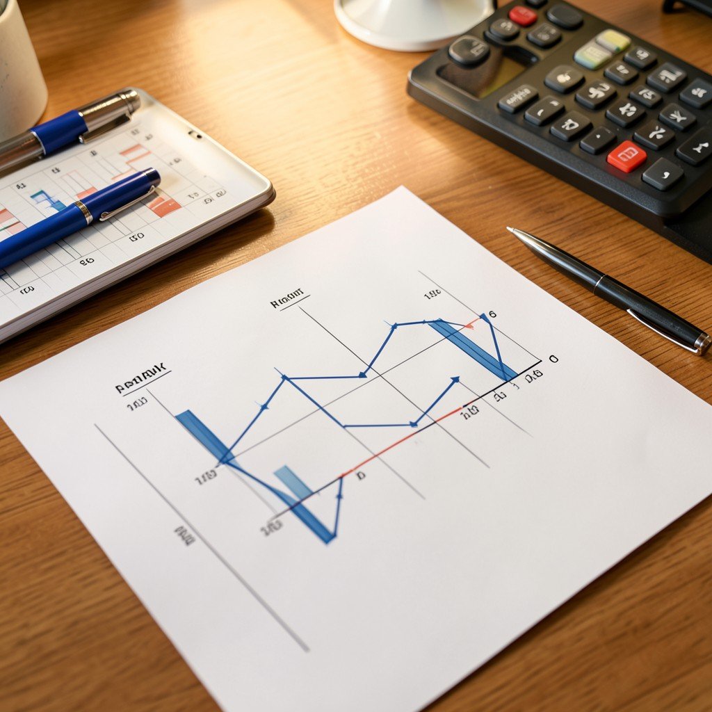 Financial graph on a desk with a calculator and pen overhead view of a tidy workspace warm light corporate style 4:3