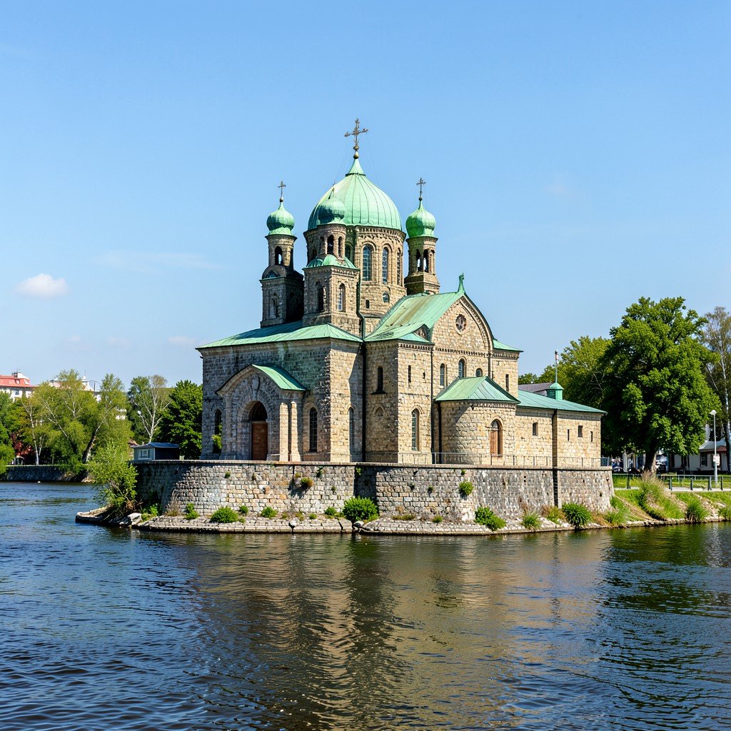 Saint Nicholas Cathedral on Yuriev Monastery island, ancient stone church with green domes, Volkhov river in background, sunny day, no text, 4:3