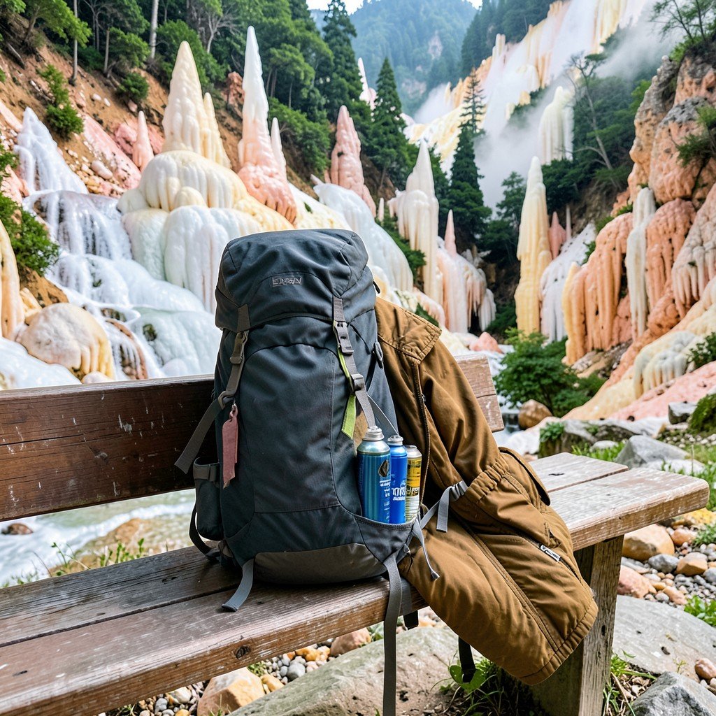 Hiking backpack with portable oxygen cans and warm jacket on a wooden bench at Huanglong park entrance no text aspect ratio 4:3