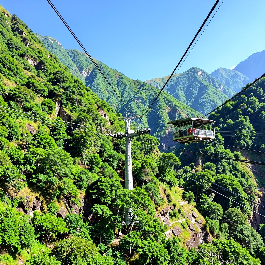 Huanglong Scenic and Historic Interest Area cable car station with green mountains and clear sky no text aspect ratio 1:1