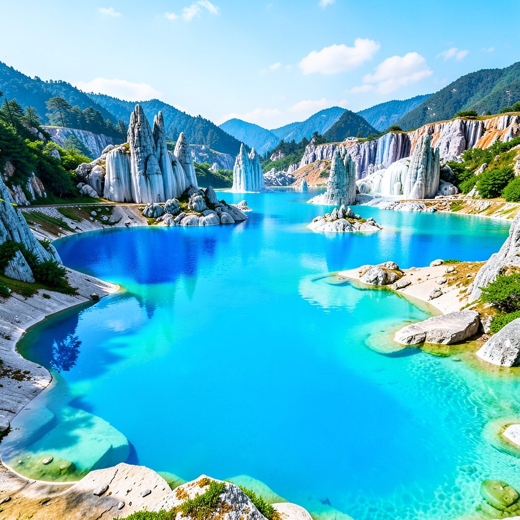 Five colored ponds at Huanglong Scenic and Historic Interest Area with vivid blue and turquoise water reflecting sky no text aspect ratio 4:3