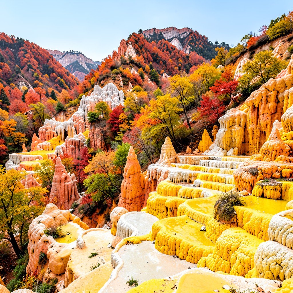Autumn foliage mixed with yellow travertine terraces at Huanglong Scenic and Historic Interest Area no text aspect ratio 1:1