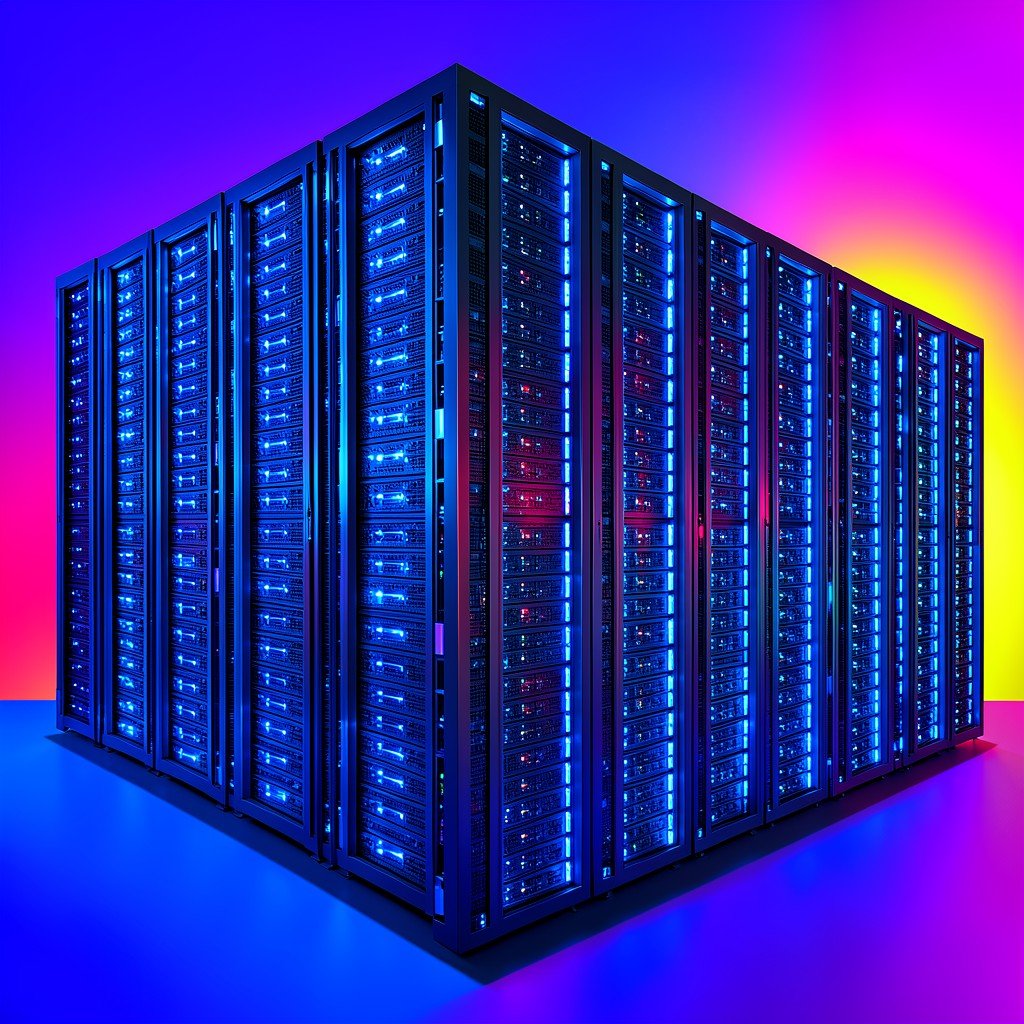 Futuristic massive data center with rows of glowing blue servers colorful neon gradient background high contrast aspect ratio 1:1