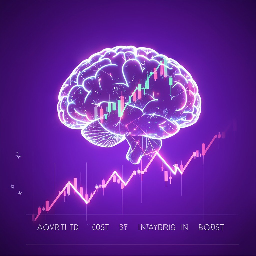 Glowing digital brain connected to financial graph trending downwards in cost but upwards in intelligence purple gradient background modern 3d render aspect ratio 4:3