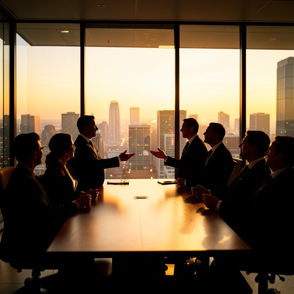 Silhouette of executives presenting to a group of investors in a modern boardroom warm lighting glass walls showing city skyline aspect ratio 1:1