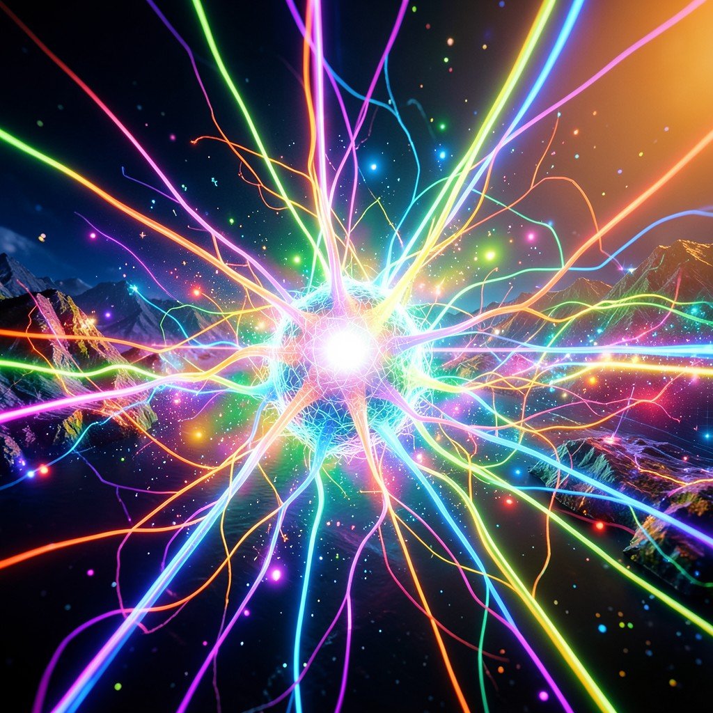 Abstract glowing neural network expanding rapidly through a digital landscape bright balanced lighting vibrant colors 3d render aspect ratio 16:9