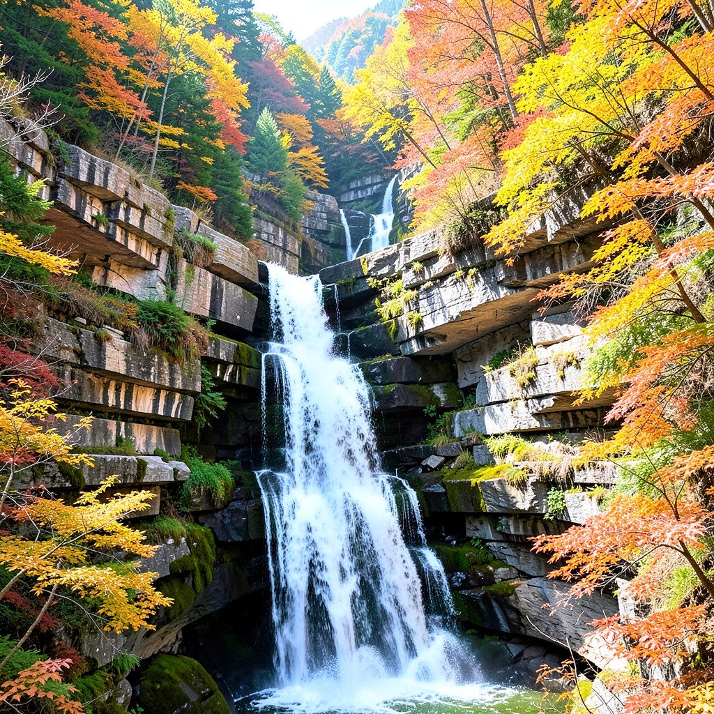 A beautiful cascading waterfall flowing down terraced limestone formations in Jiuzhaigou Valley surrounded by autumn foliage bright daylight natural scenery no text aspect ratio 1:1