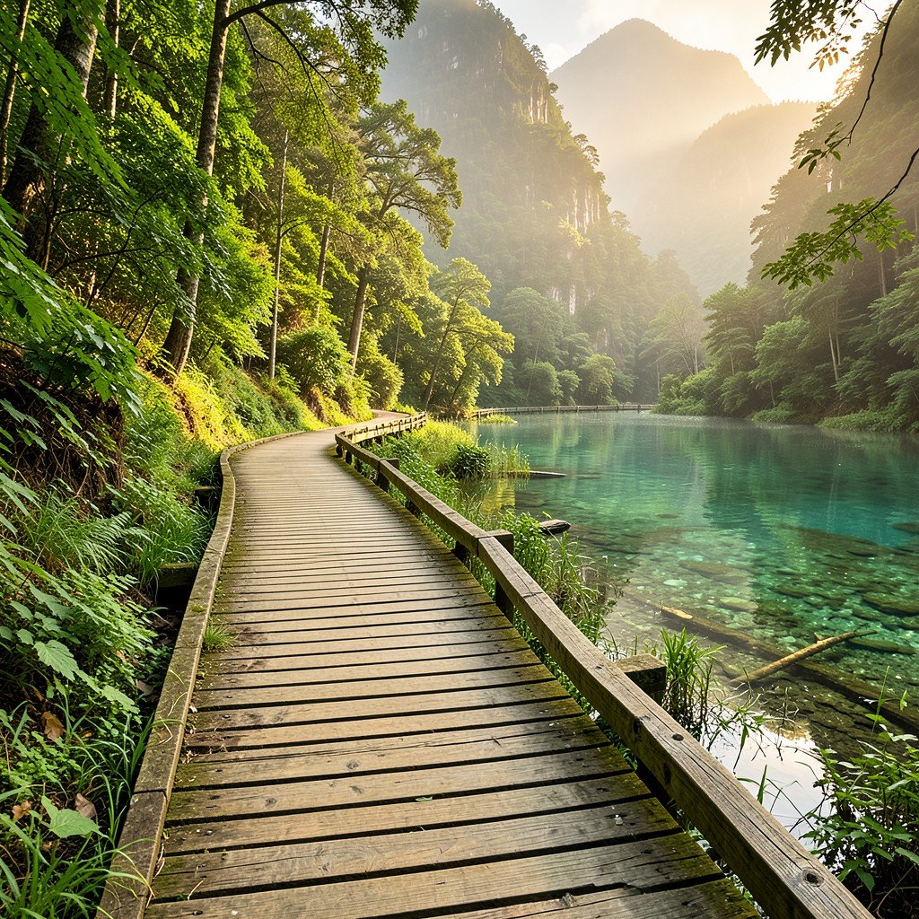 A scenic wooden boardwalk path winding through the lush green forest of Jiuzhaigou Valley leading towards clear lakes warm natural lighting peaceful atmosphere no text aspect ratio 4:3
