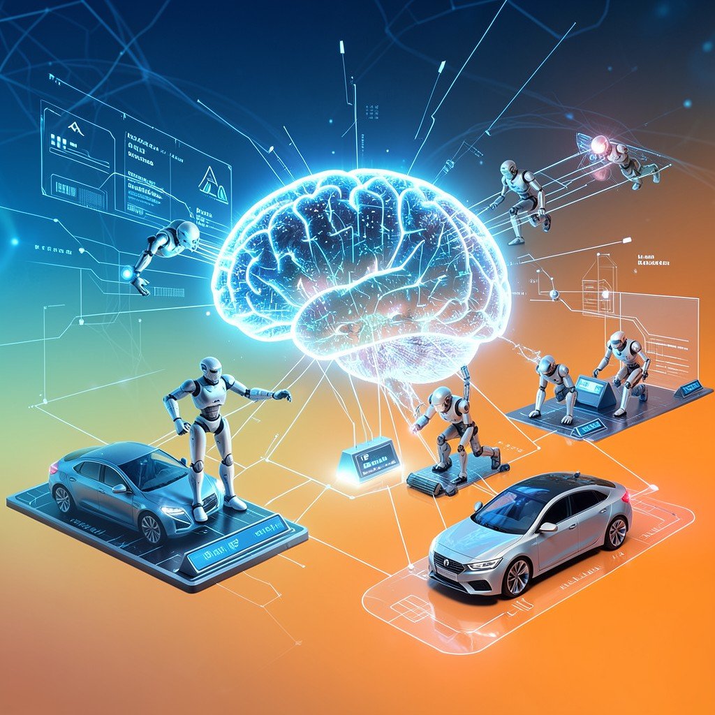 A futuristic concept of Alibaba investing in a new AI world model showing a glowing digital brain connected to physical robots and autonomous driving cars modern tech aesthetic with blue and orange gradient background aspect ratio 4:3