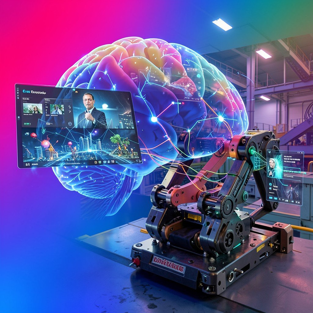 An AI brain processing multimodal data streams including vision audio and touch connecting a digital game world to a physical robot working in a real factory setting vibrant gradient background aspect ratio 1:1