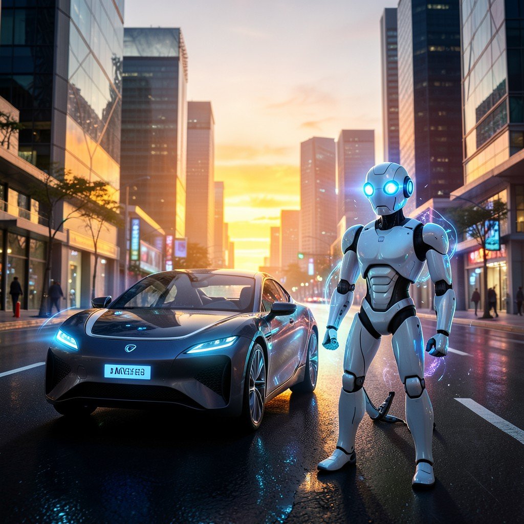 A smart autonomous driving car and an intelligent robot working together in a futuristic city street the car sensors and robot eyes are glowing blue visualizing their understanding of the physical world realistic background with warm sunset lighting aspect ratio 4:3