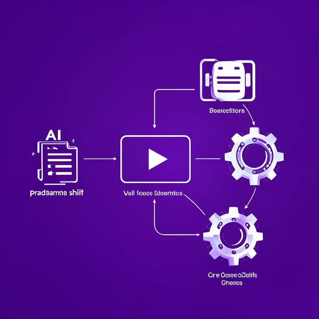 Three concept icons representing AI paradigm shift a text document a video play button and a physical robot gear arranged in a flow chart style showing evolution clean modern infographic style with deep purple gradient background aspect ratio 1:1