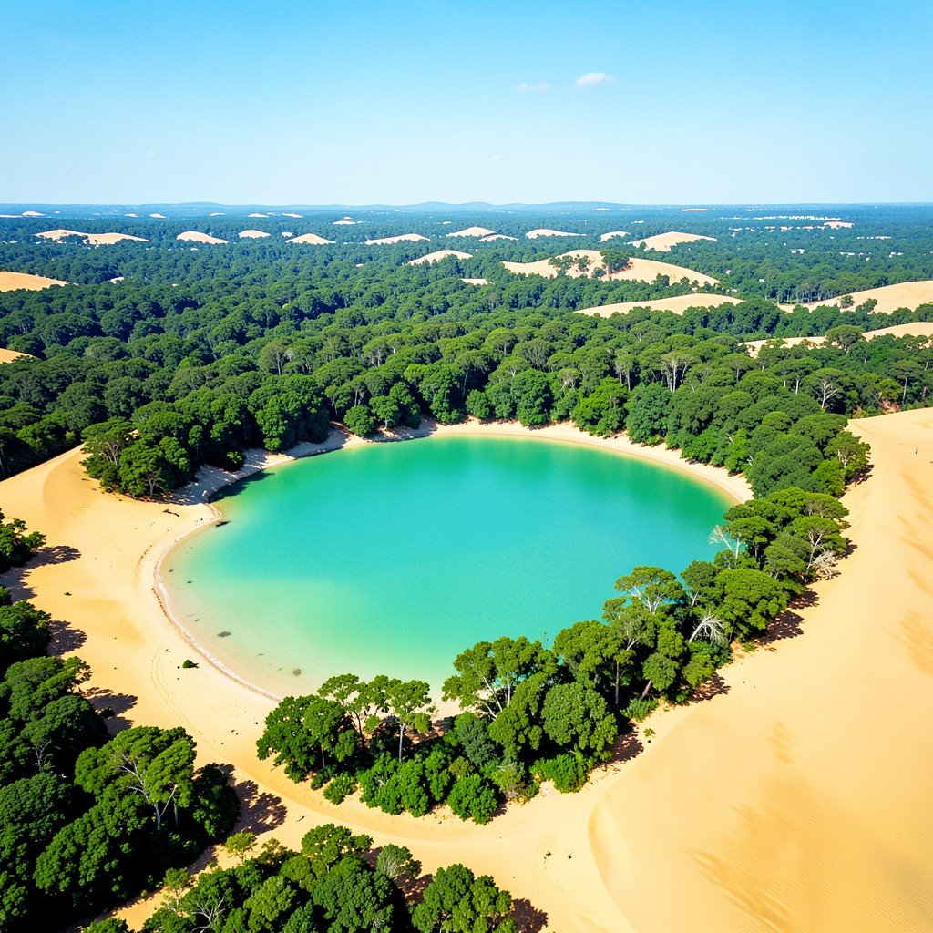 Aerial view of a large sand island featuring turquoise freshwater lake surrounded by lush green forest and golden sand dunes natural setting bright sunny day clear sky vibrant colors aspect ratio 4:3