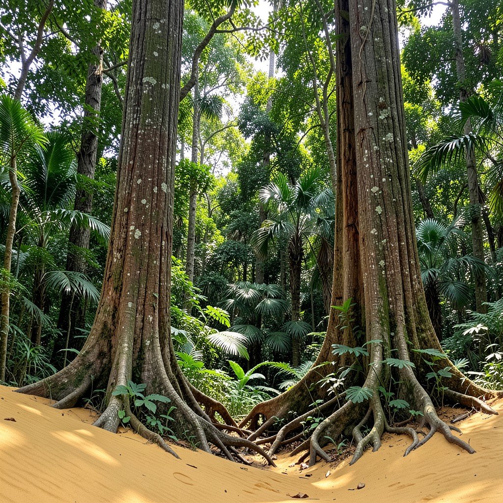 Dense tropical rainforest growing directly on golden sand dunes tall ancient trees with thick roots vibrant green foliage natural sunlight filtering through canopy aspect ratio 4:3