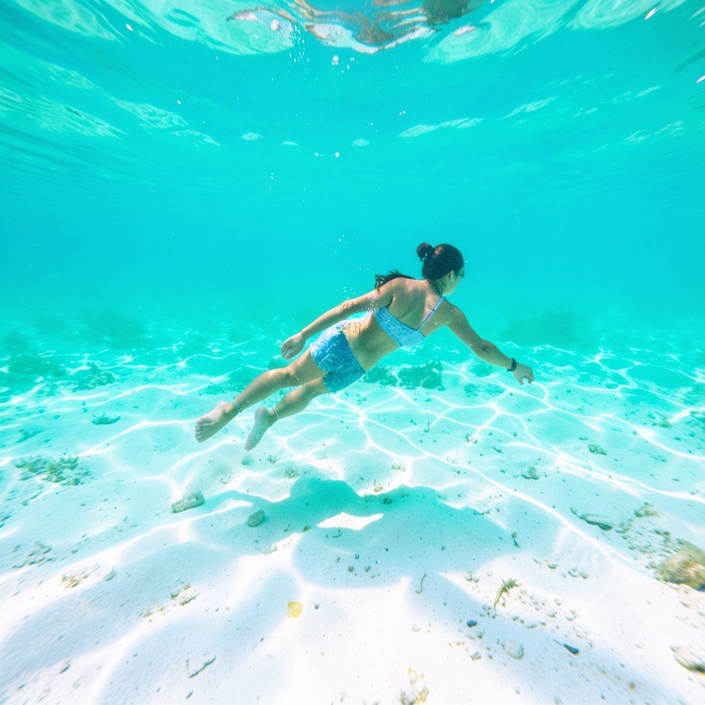 Person swimming in crystal clear turquoise freshwater lake white silica sand bottom underwater visibility high natural lighting serene atmosphere aspect ratio 1:1
