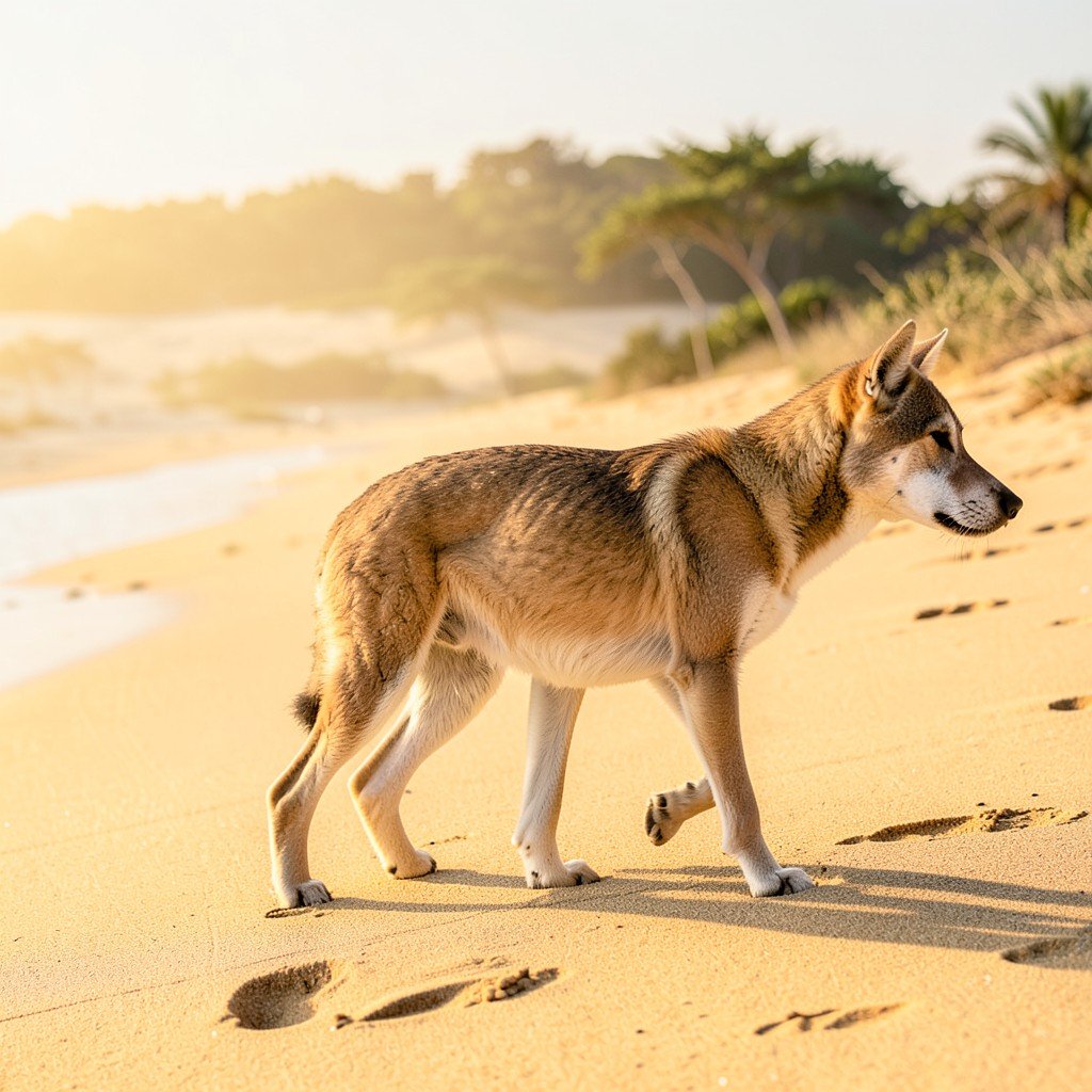 Wild dingo walking on golden sand beach natural habitat daytime soft sunlight distant shot not too close to animal aspect ratio 1:1