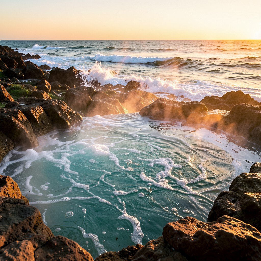 Natural coastal hot spring pool with bubbling water effect rocky shore ocean waves crashing nearby warm lighting golden hour aspect ratio 4:3