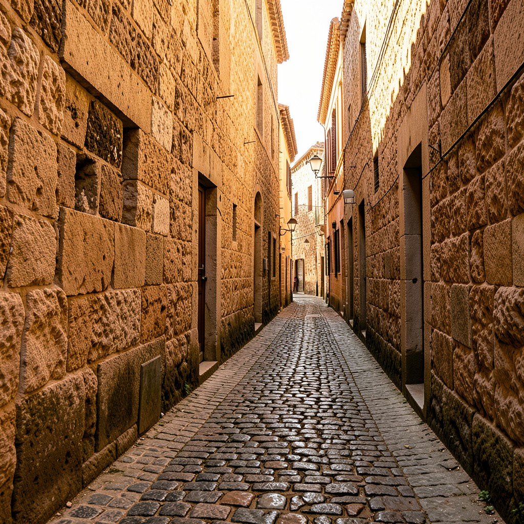 Narrow cobblestone alley in Kasbah of Algiers Algeria historic stone walls warm afternoon sunlight aspect ratio 4:3