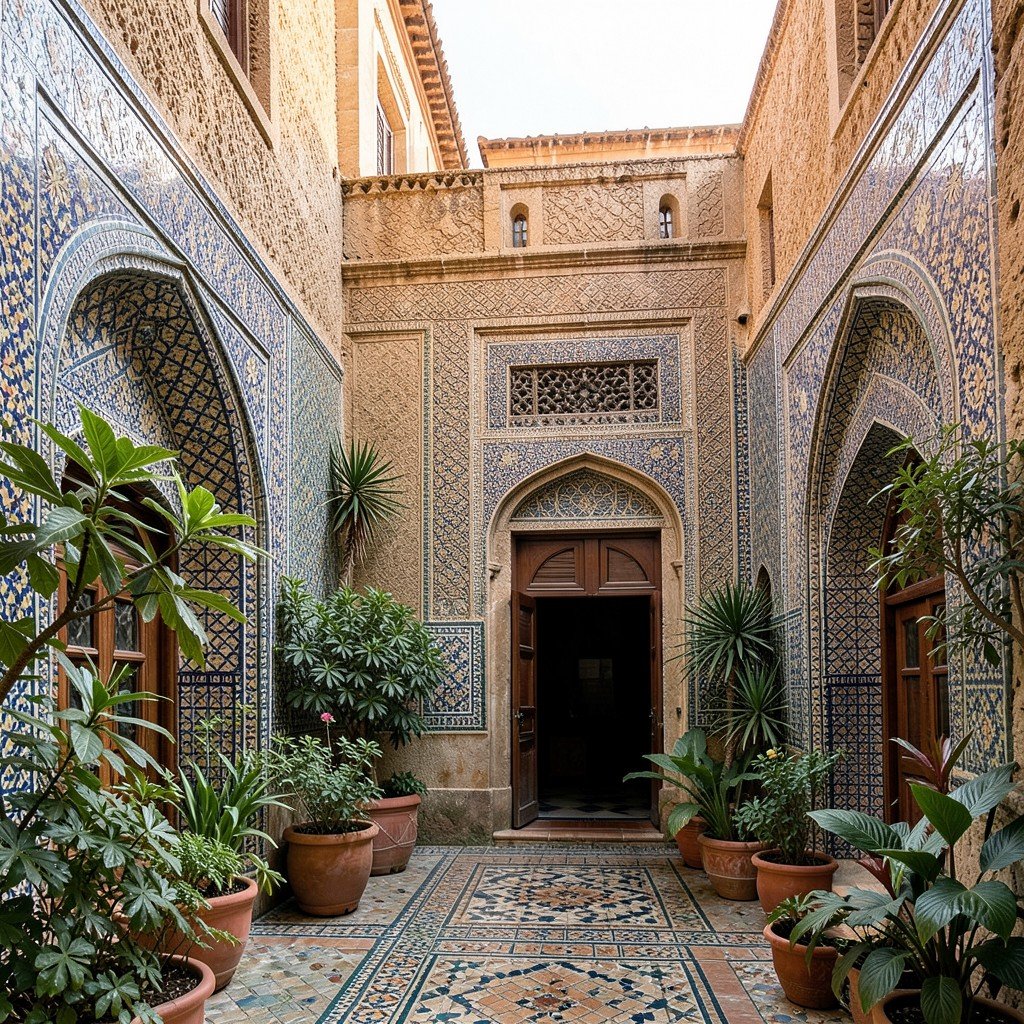 Interior courtyard of traditional Algiers Kasbah house Algeria with intricate tile work and plants aspect ratio 1:1