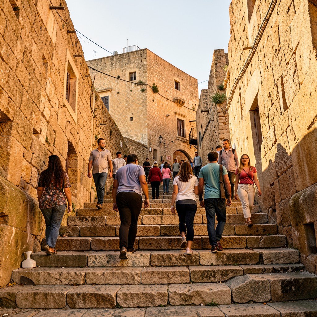 People walking on ancient stone steps in Kasbah Algiers Algeria natural daylight warm colors aspect ratio 4:3