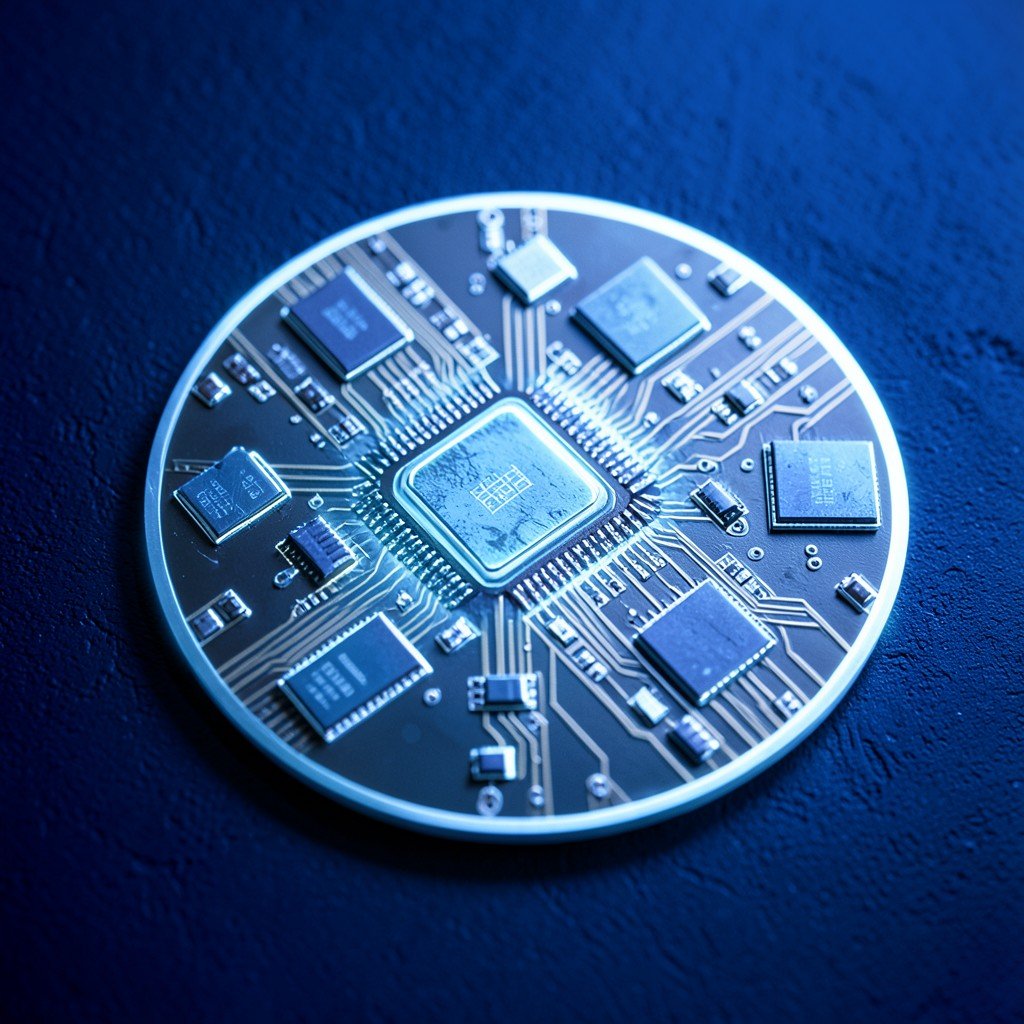 Close-up of a glowing silicon wafer with intricate AI chips on a dark blue textured background with soft blue lighting, no text, 4:3